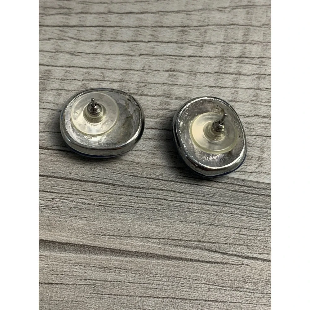 Vintage Navy Blue Oval Cabochon Stud Earrings Silver Tone Midnight Blue 3788